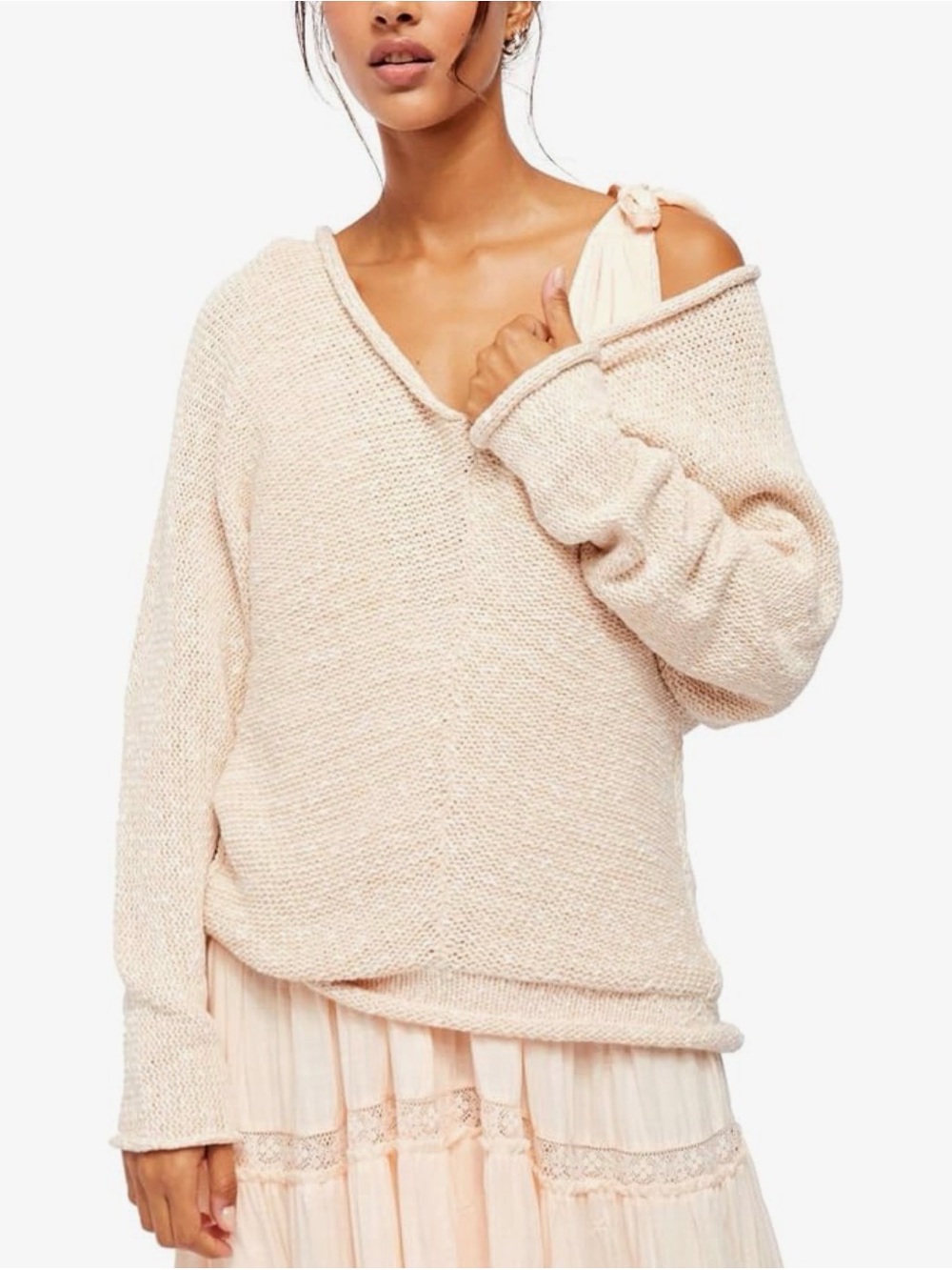 Free People Blush Cream Off-the-Shoulder Knit Sweater